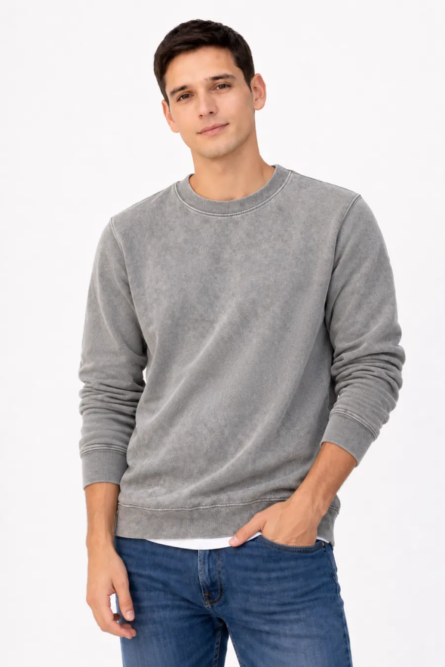 Poleron Crew Cottonext Acid Wash 90% Algodón 10% Poliéster 340 Grs Gris